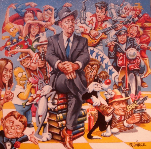 Roy-Wallace-Alfred-E-Neuman-presents-The-James-Joyce-Show-sponsored-by-Gorillas-Choice-Bananas-oil-on-canvas-board-40x40cm-16x16